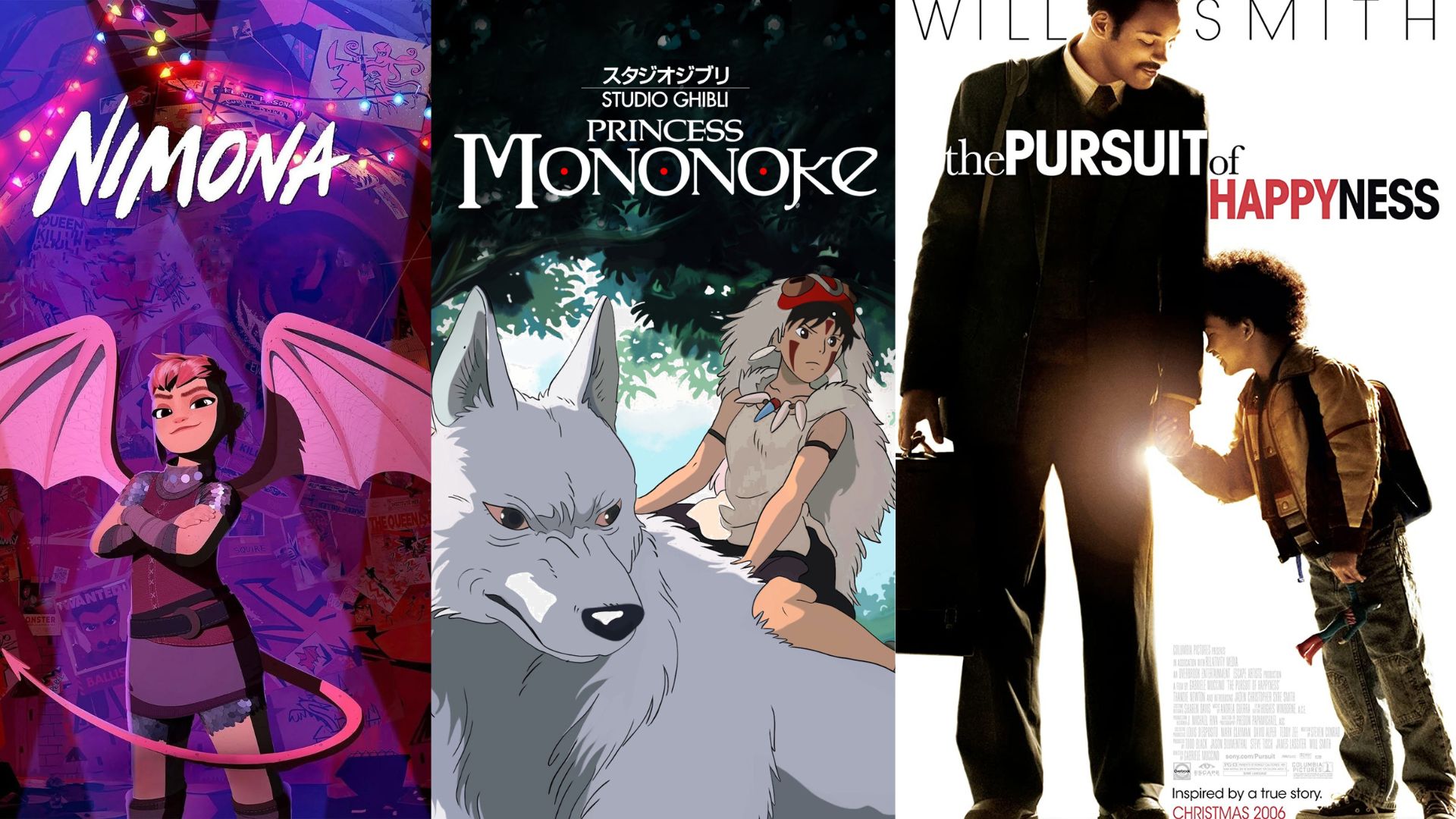 a poster with nimona, princess mononoke and the pursuit of happyness